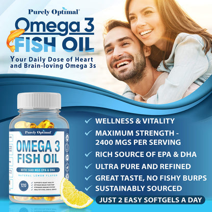 Premium Omega 3 Fish Oil Supplement 2400mg - Burpless Fish Oil Omega3 Softgels Purely OptimalBuy Supplements Australia