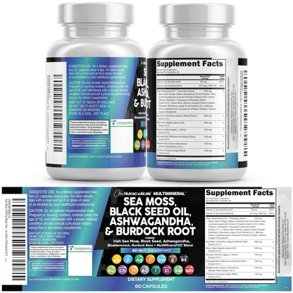 Clean Nutraceuticals Sea Moss Black Seed Oil Ashwagandha Turmeric Bladderwrack Burdock & Vitamin C Vitamin D3 with Elderberry