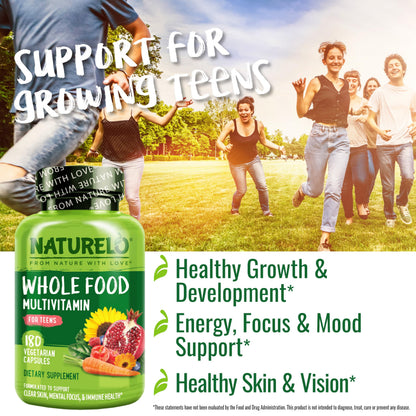 NATURELO Multivitamins for Teenage Girls/Boys, 180 Capsules, Whole Food Multivitamin with Minerals, Non-GMO, Vegetarian