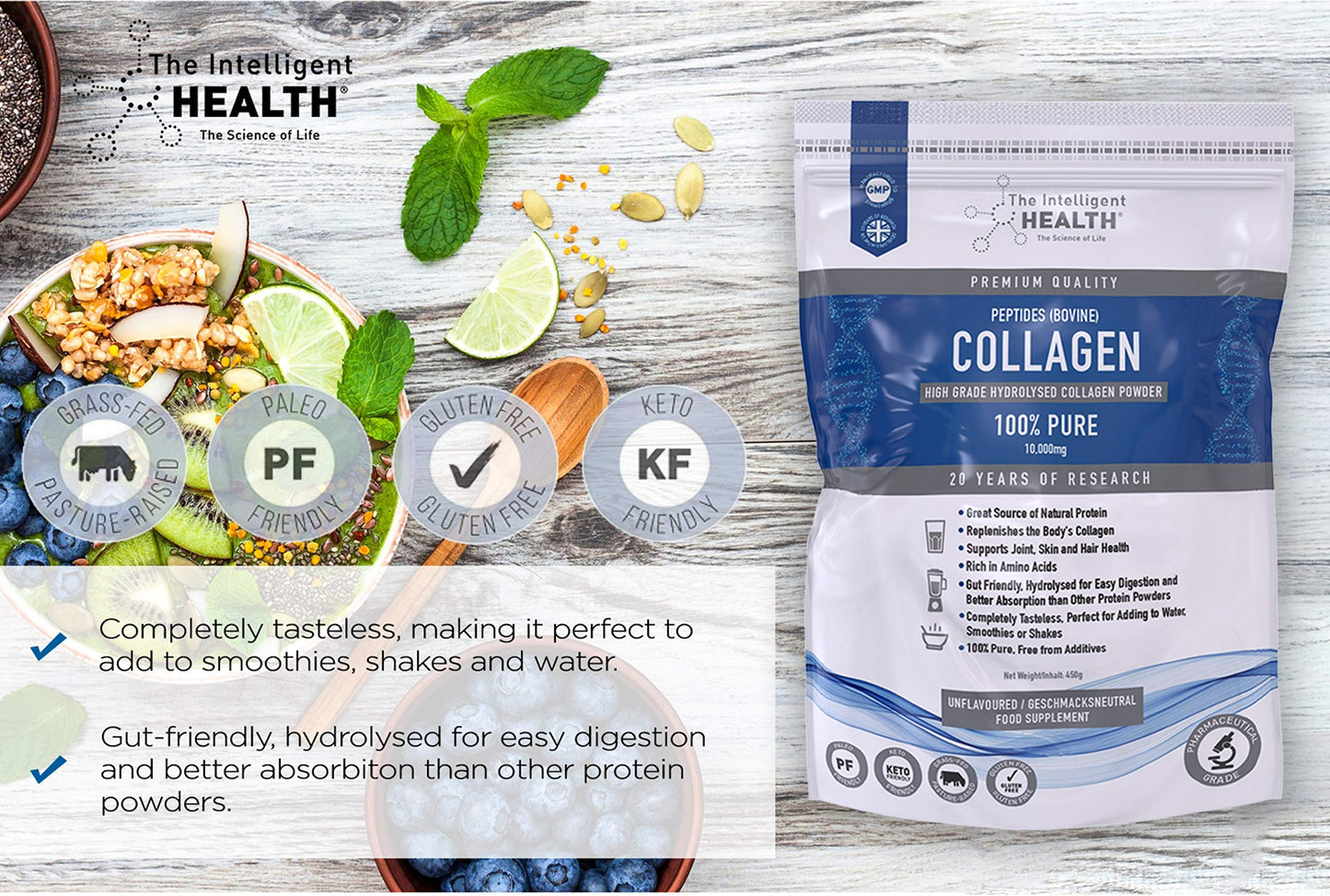 Hydrolysed Collagen Powder (Bovine) - High Protein Grass Fed Unflavoured Peptides The Intelligent HealthBuy Supplements Australia