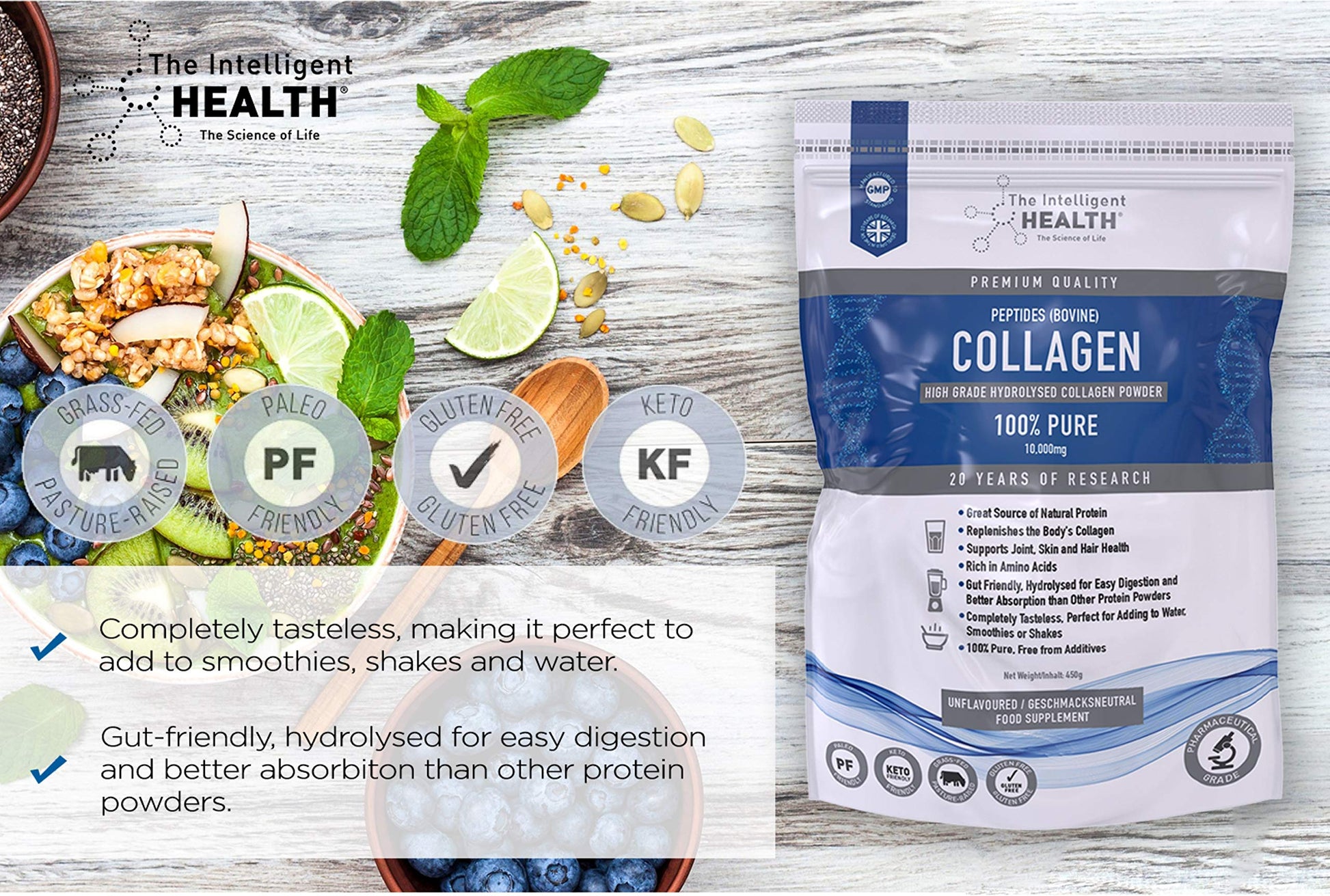 Hydrolysed Collagen Powder (Bovine) - High Protein Grass Fed Unflavoured Peptides The Intelligent HealthBuy Supplements Australia
