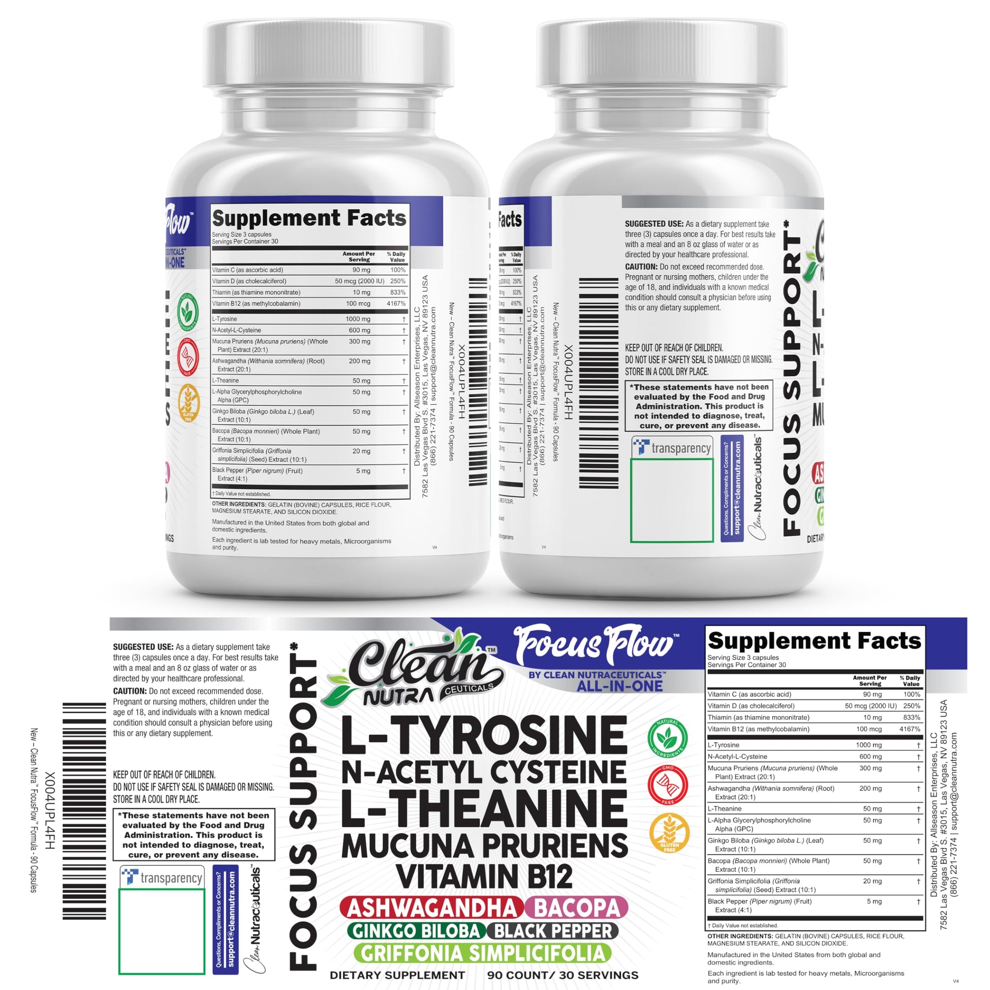 Focus Flow L-Tyrosine Vitamin B C D L-Theanine Ashwagandha Ginkgo Biloba Vitamin B12 Thiamine Black Pepper N-Acetylcysteine Mucuna Pruriens 90 Count Capsules by Clean Nutra Clean NutraceuticalsBuy Supplements Australia