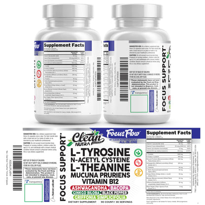 Focus Flow L-Tyrosine Vitamin B C D L-Theanine Ashwagandha Ginkgo Biloba Vitamin B12 Thiamine Black Pepper N-Acetylcysteine Mucuna Pruriens 90 Count Capsules by Clean Nutra Clean NutraceuticalsBuy Supplements Australia