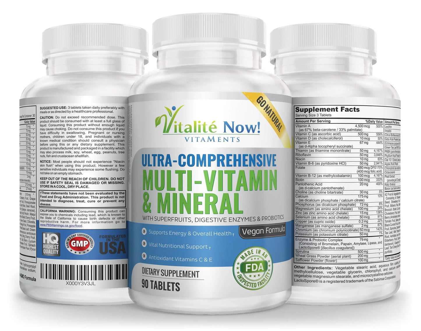 Vegan Whole Food Multivitamin & Mineral - Vitamins A B1 B2 B6 B12 C D3 E & 110 Super Foods, Herbs, Greens & Reds Vitalité Now!Buy Supplements Australia