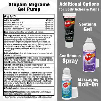 Stopain Migraine Pain Relief Gel Pump, 1.62oz, USA Made, Max Strength Fast Acting Research Proven Topical Effective at Any Stage, No Known Side Effects or Drug Interactions, HSA FSA Approved Products StopainBuy Supplements Australia