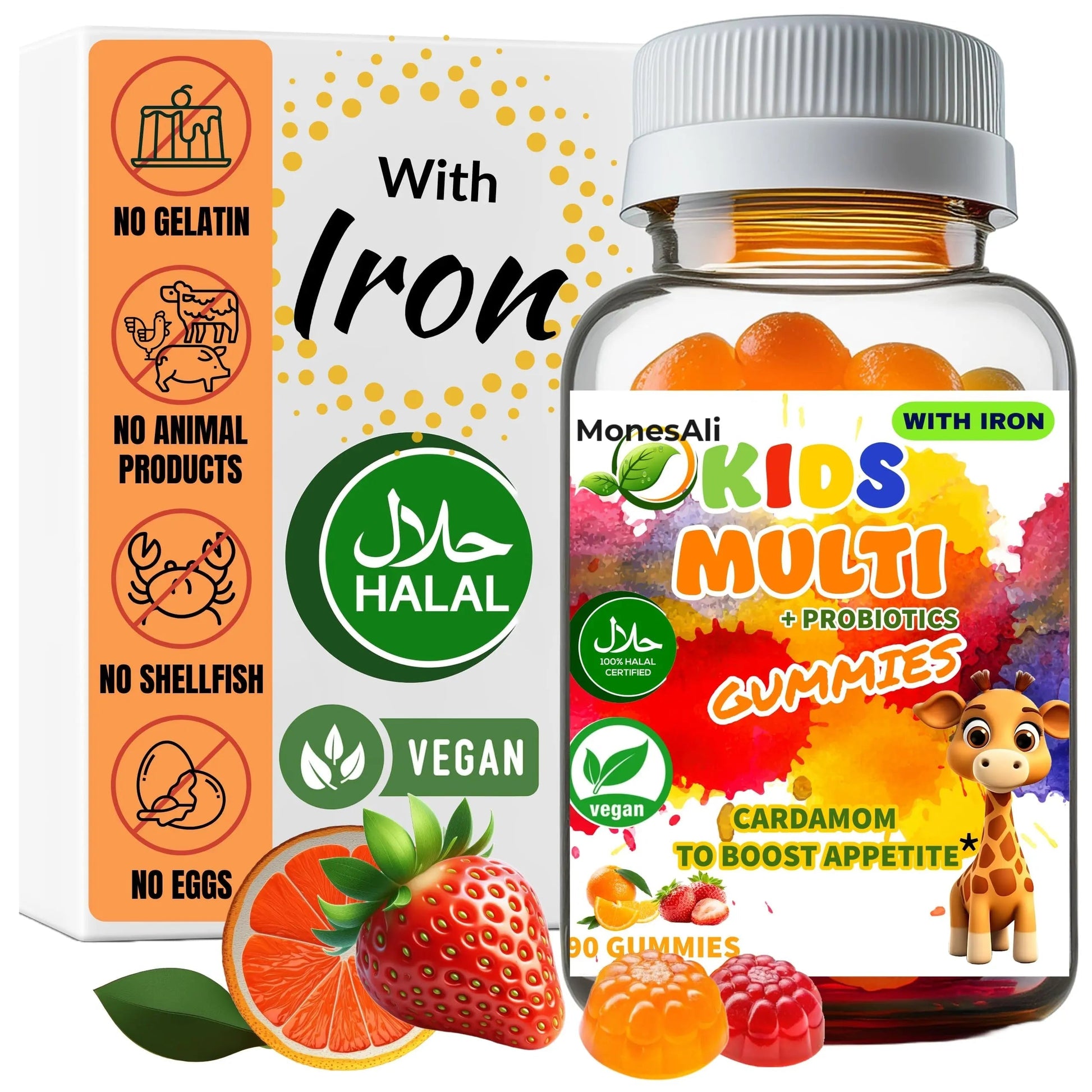 MonesAli Kids Multivitamin Gummies with Iron & Probiotics – Vegan, Gelatin-Free, Halal, Orange & Strawberry Flavors, 90 Count MonesAli