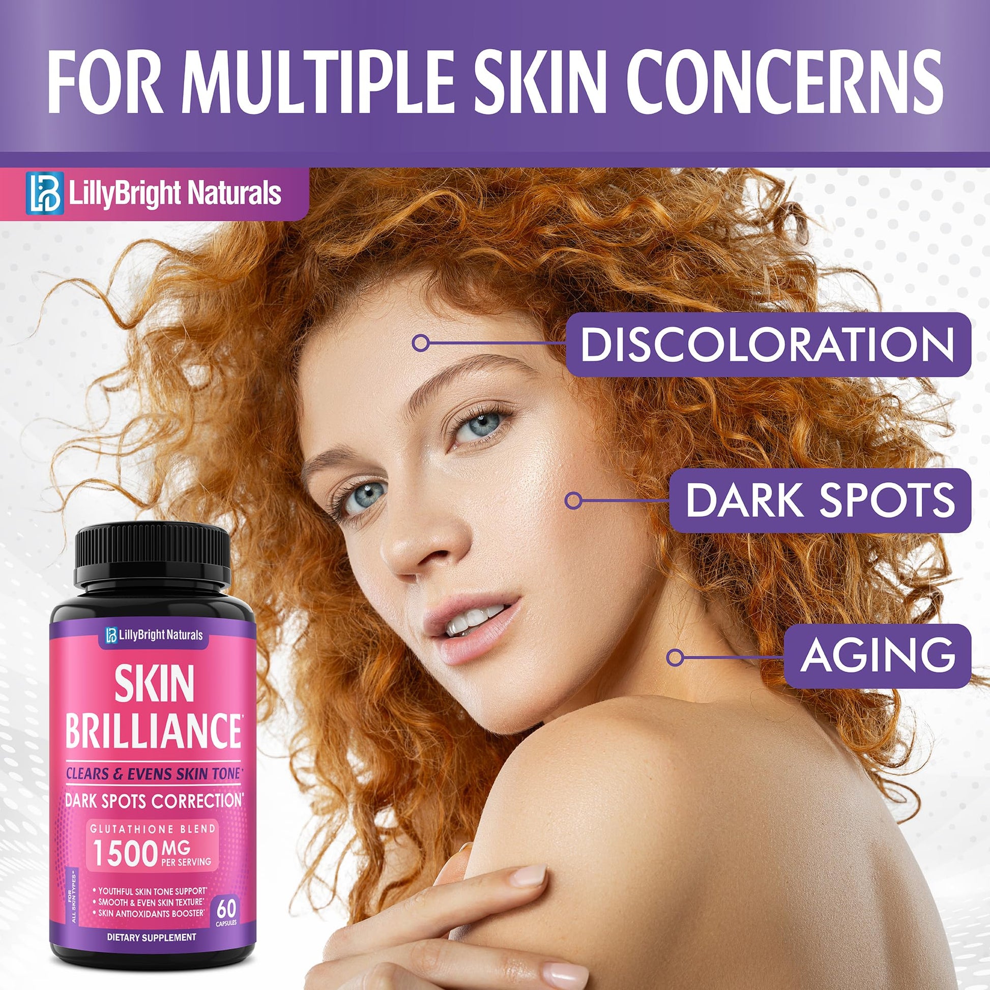 Glutathione Capsules - 1,500mcg L-Glutathione Supplement with Vitamin C - Skin Tone Enhancer - Targets Dark Spots & Acne Marks - Antioxidant Supplement for Beauty & Health Support - 60 Skin Pills LB LILLYBRIGHT NATURALSBuy Supplements Australia