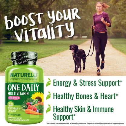 NATURELO One Daily Multivitamin for Women w/Vitamin B12, 60 Ct, Energy Support, Whole Food Daily Women Multivitamin Supplement, Nourish Hair/Skin/Nail, Non-GMO