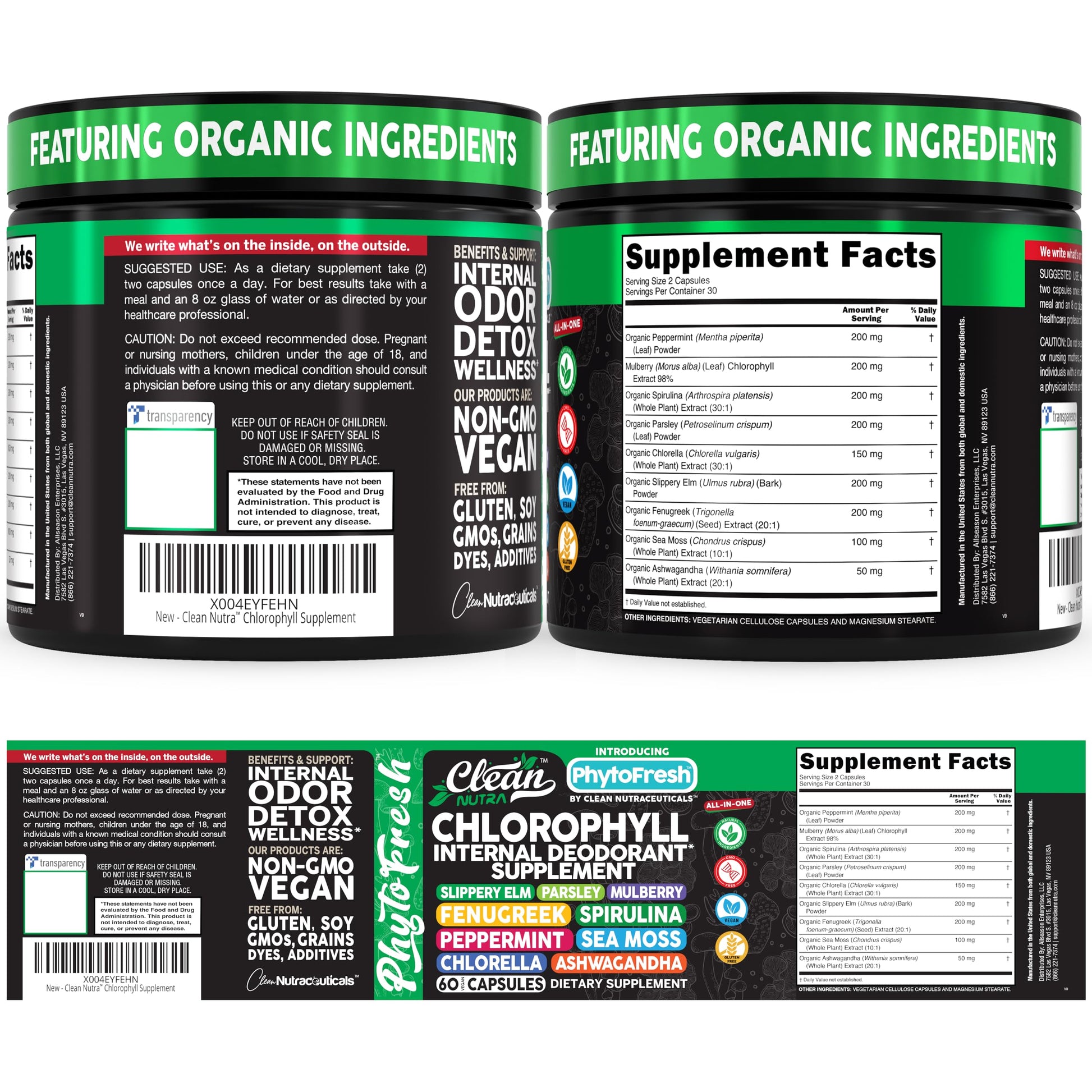 Clean Nutra Chlorophyll Capsules Supplement Internal Deodorant Peppermint, Sea Moss, Parsley, Chlorella, Spirulina, Slippery Elm, Ashwagandha, PhytoFresh Greens Detox Pills Clean NutraceuticalsBuy Supplements Australia