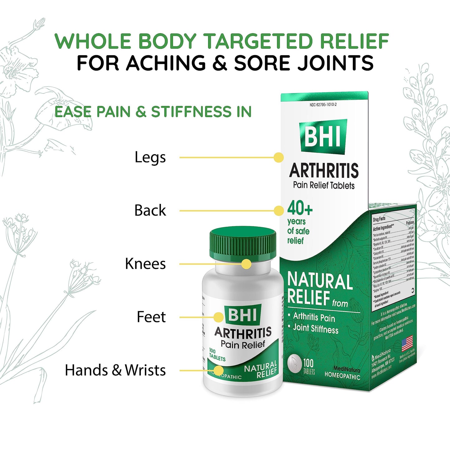 BHI Arthritis Pain Relief Daily Joint Health Support Arnica + 13 Natural Actives Homeopathic Plant & Mineral Blend Helps Relieve Minor Pain & Stiffness in Joints for Women & Men - 100 Tablets MediNaturaBuy Supplements Australia