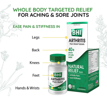 BHI Arthritis Pain Relief Daily Joint Health Support Arnica + 13 Natural Actives Homeopathic Plant & Mineral Blend Helps Relieve Minor Pain & Stiffness in Joints for Women & Men - 100 Tablets MediNaturaBuy Supplements Australia