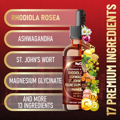 NUQIIT 17in1 Rhodiola Rosea Liquid Drops Tincture w/Ashwagandha Magnesium, L-Theanine. Ultra Rhodiola Cortisol Supplement, Rhodiola Root for Mood, Energy - 1 FL Oz - 60 Day Supply NUQIITBuy Supplements Australia