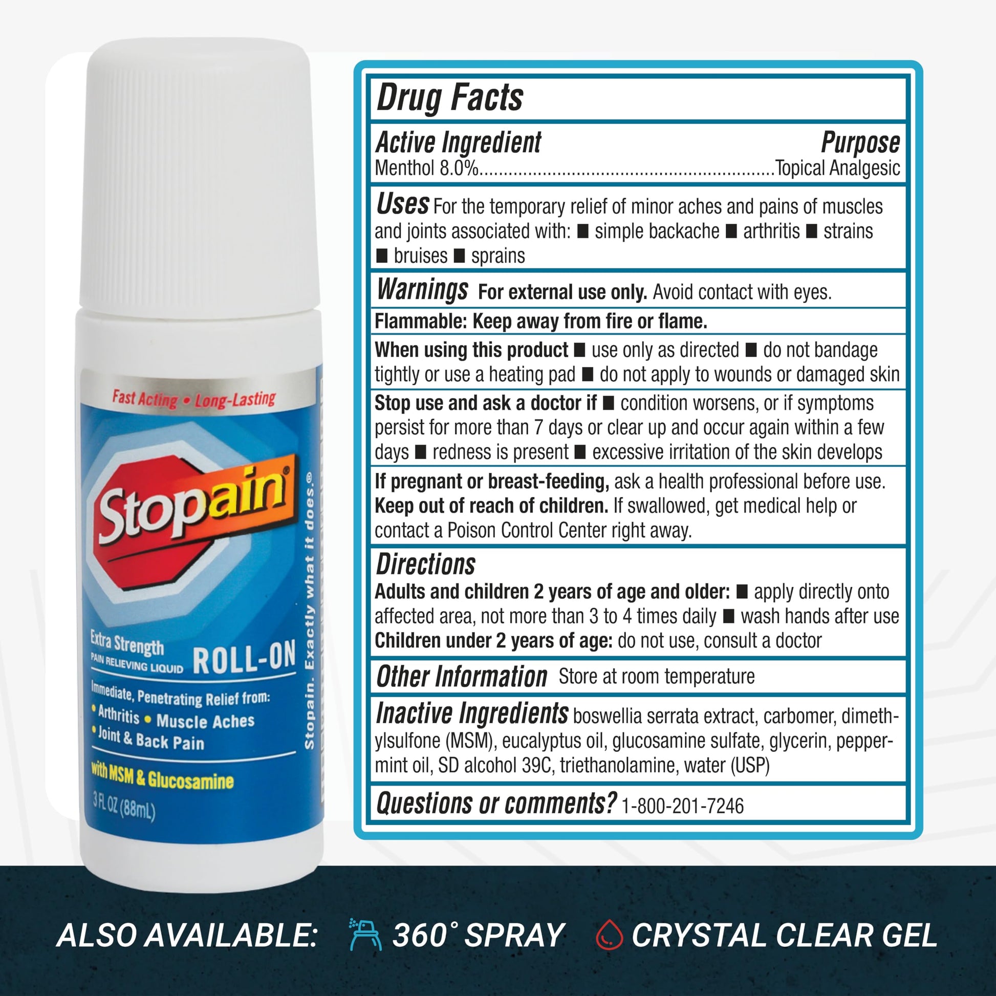 Stopain Pain Relief Roll On Gel 3oz, USA Made, Max Strength Fast Acting with MSM, Glucosamine, Menthol for Arthritis, Lower Back, Knee, Neck, HSA FSA Approved OTC Topical Analgesic Products StopainBuy Supplements Australia