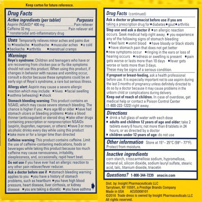 Anacin Aspirin & Caffeine Fast Pain Relief, Eases Minor Aches and Pains Due to Headache, Muscle Aches & Arthritis, 300 Count ANACINBuy Supplements Australia