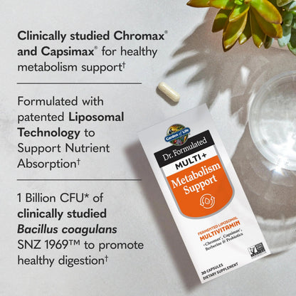 Garden of Life Dr. Formulated Multi+ Metabolism Support - Fermented Liposomal Multivitamin + Chromax, Capsimax, Berberine & Probiotics - 30 Capsules Garden of Life