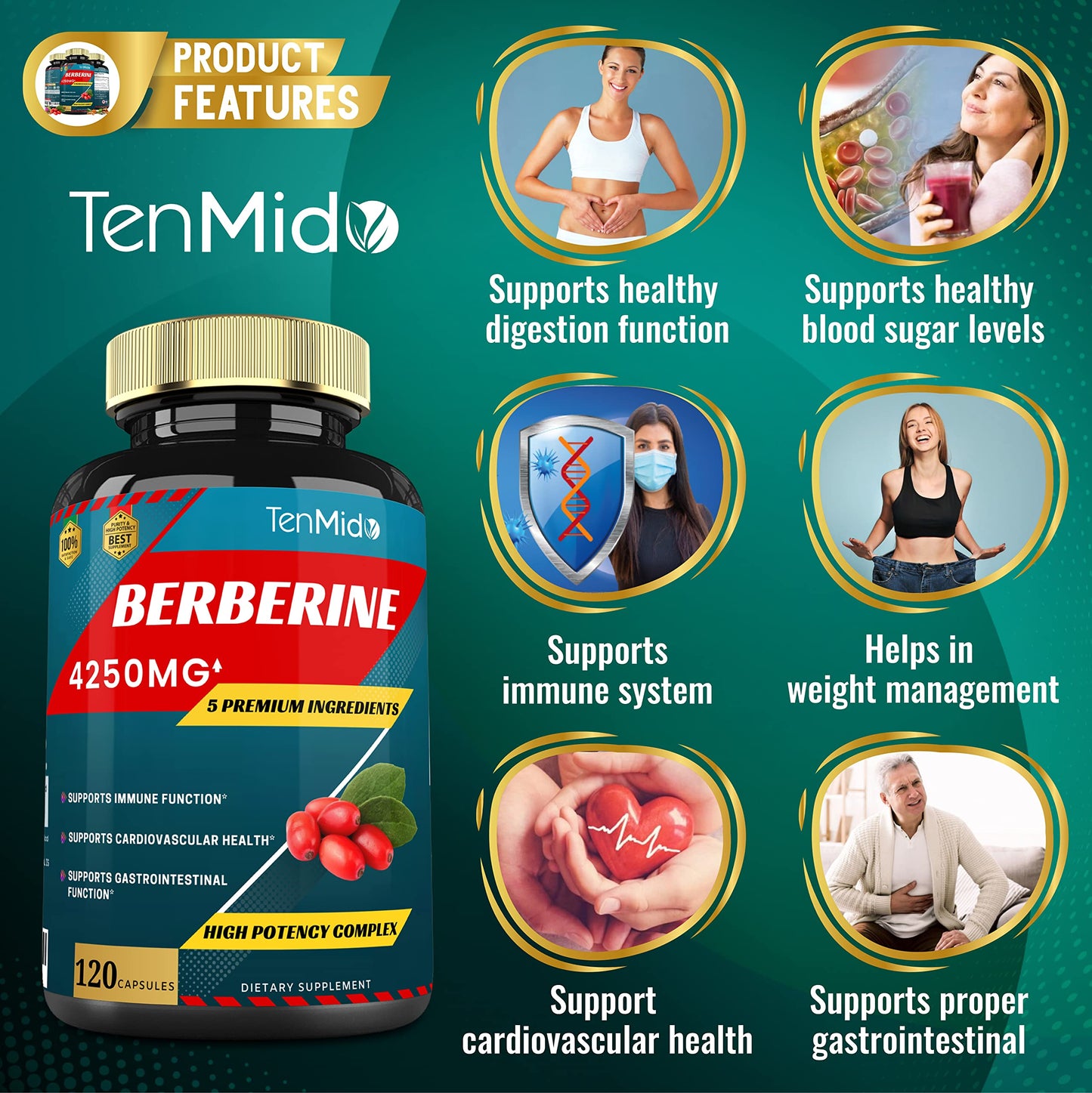 Berberine Extract Capsules 4250mg, 4 Months Supply & Ceylon, Milk Thistle, Turmeric TenmidoBuy Supplements Australia