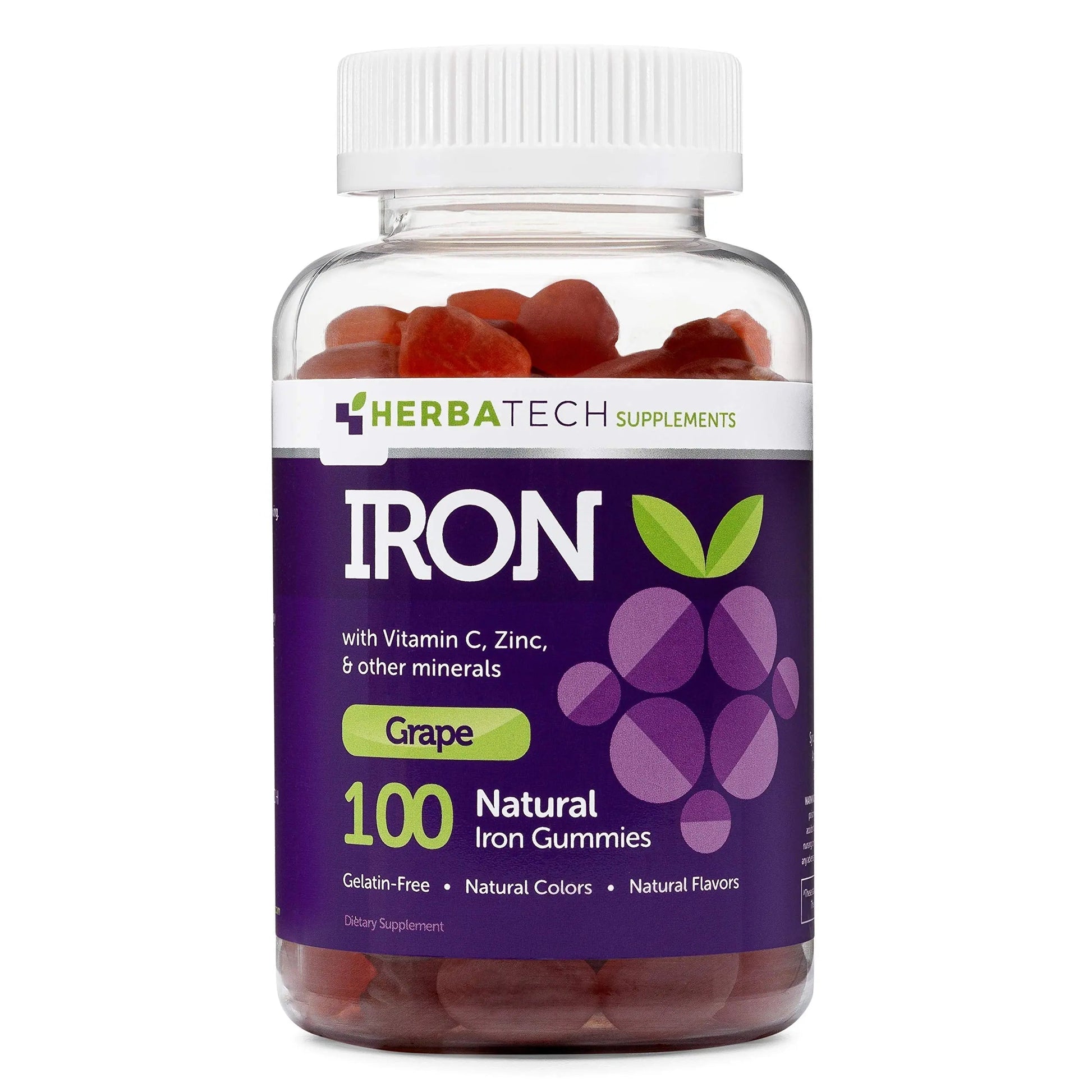 Iron Gummies for Adults and Kids, Chewable Multivitamin Supplement with Iron, Vitamin C, A, B, Zinc, Folic Acid, and Biotin (Grape Flavored) Vegan Safe Herbatech Supplements