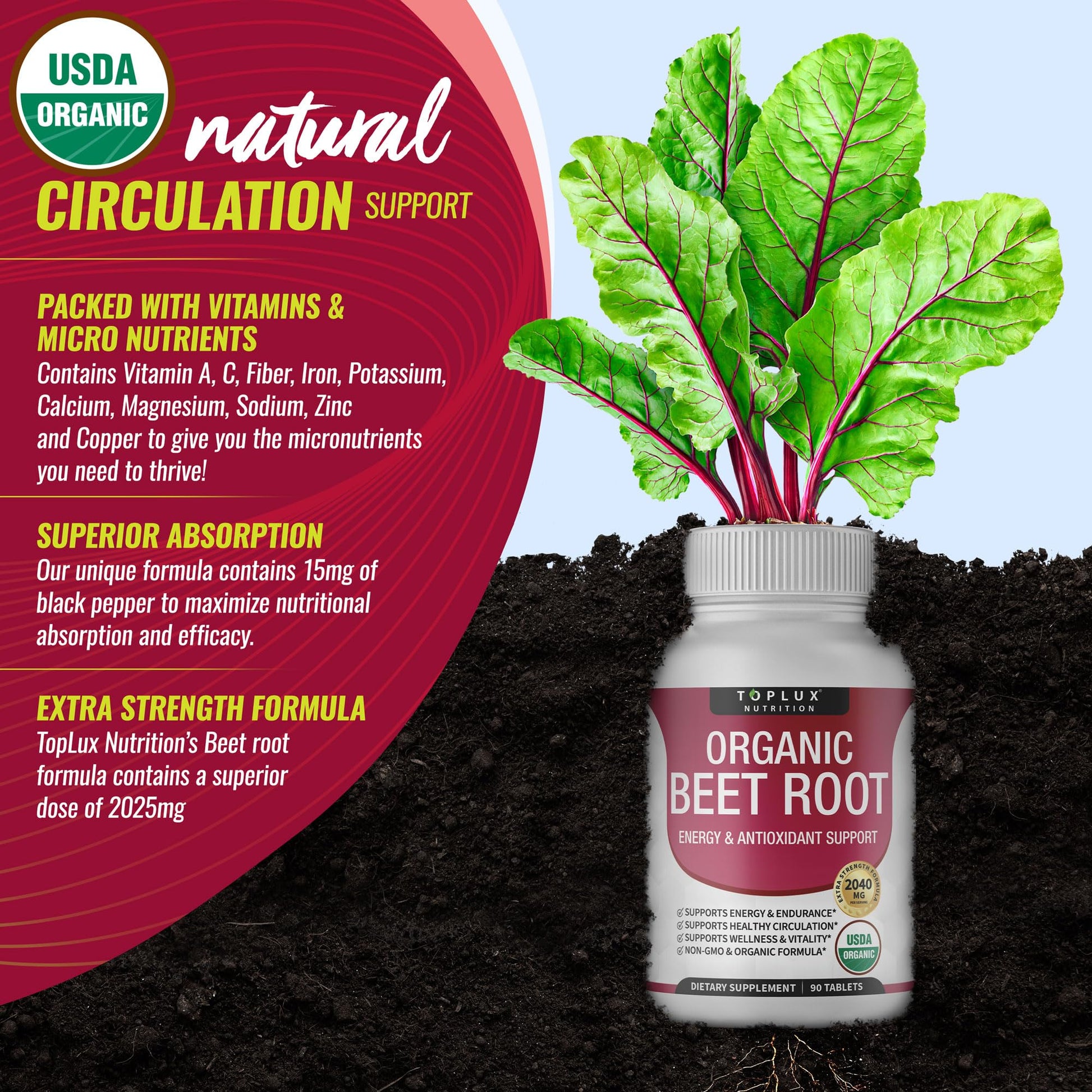 Organic Beet Root Powder Tablets - 2040mg Natural Nitric Oxide Beets to Support, Energy TopluxBuy Supplements Australia