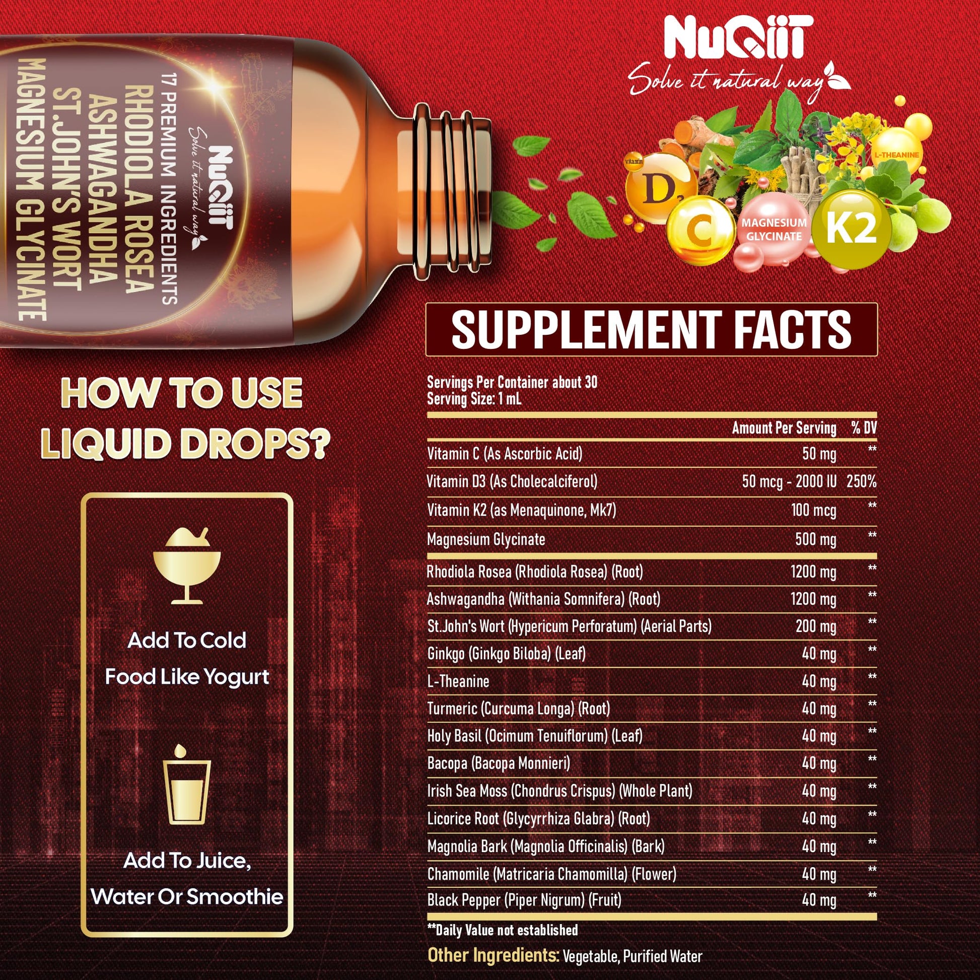 NUQIIT 17in1 Rhodiola Rosea Liquid Drops Tincture w/Ashwagandha Magnesium, L-Theanine. Ultra Rhodiola Cortisol Supplement, Rhodiola Root for Mood, Energy - 1 FL Oz - 60 Day Supply NUQIITBuy Supplements Australia