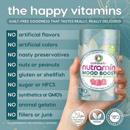 NUTRAMIN Mood Boost Multivitamin Gummy - Delicious & Yummy Anti-Stress Magnesium Ashwagandha Gummies + B Complex Vitamins for Focus and Calm Nutracelle