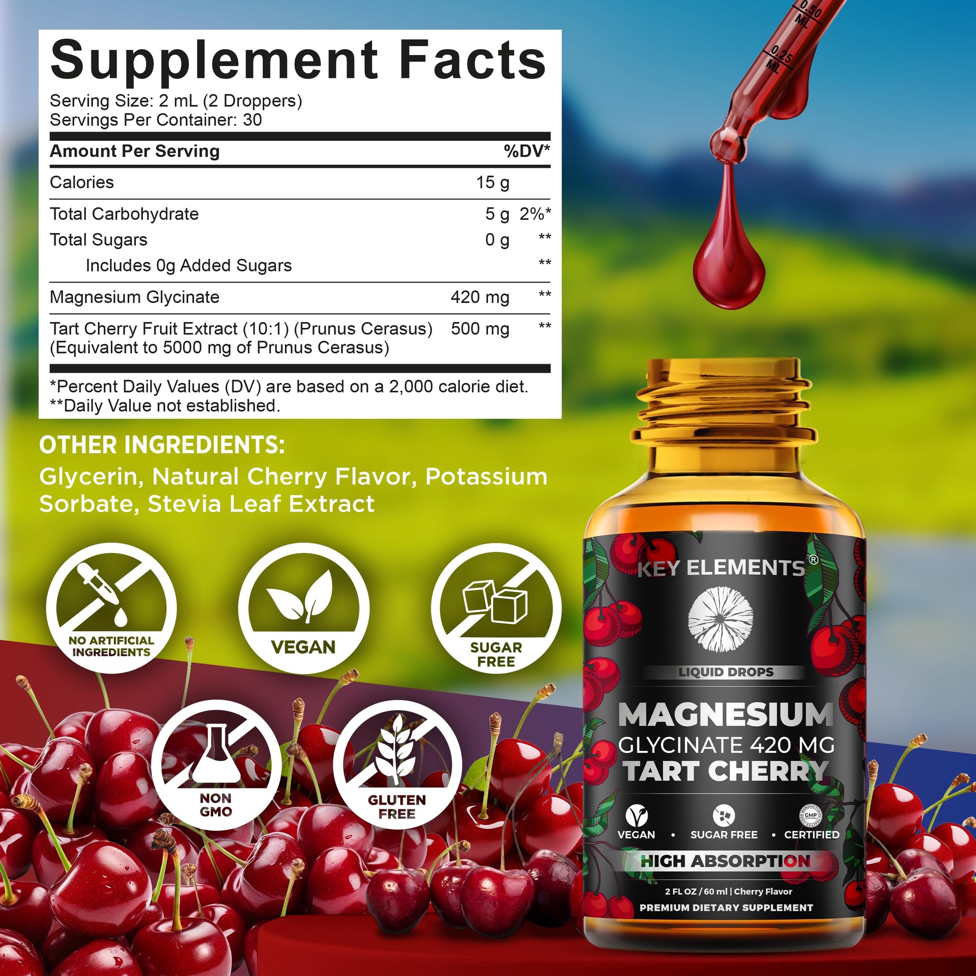 Liquid Magnesium Glycinate 420 Mg with Natural Tart Cherry Extract | Magnesium Glycinate Drops Supplement for Sleep, Mood & Mobility Support | Tart Cherry Extract KEY ELEMENTSBuy Supplements Australia