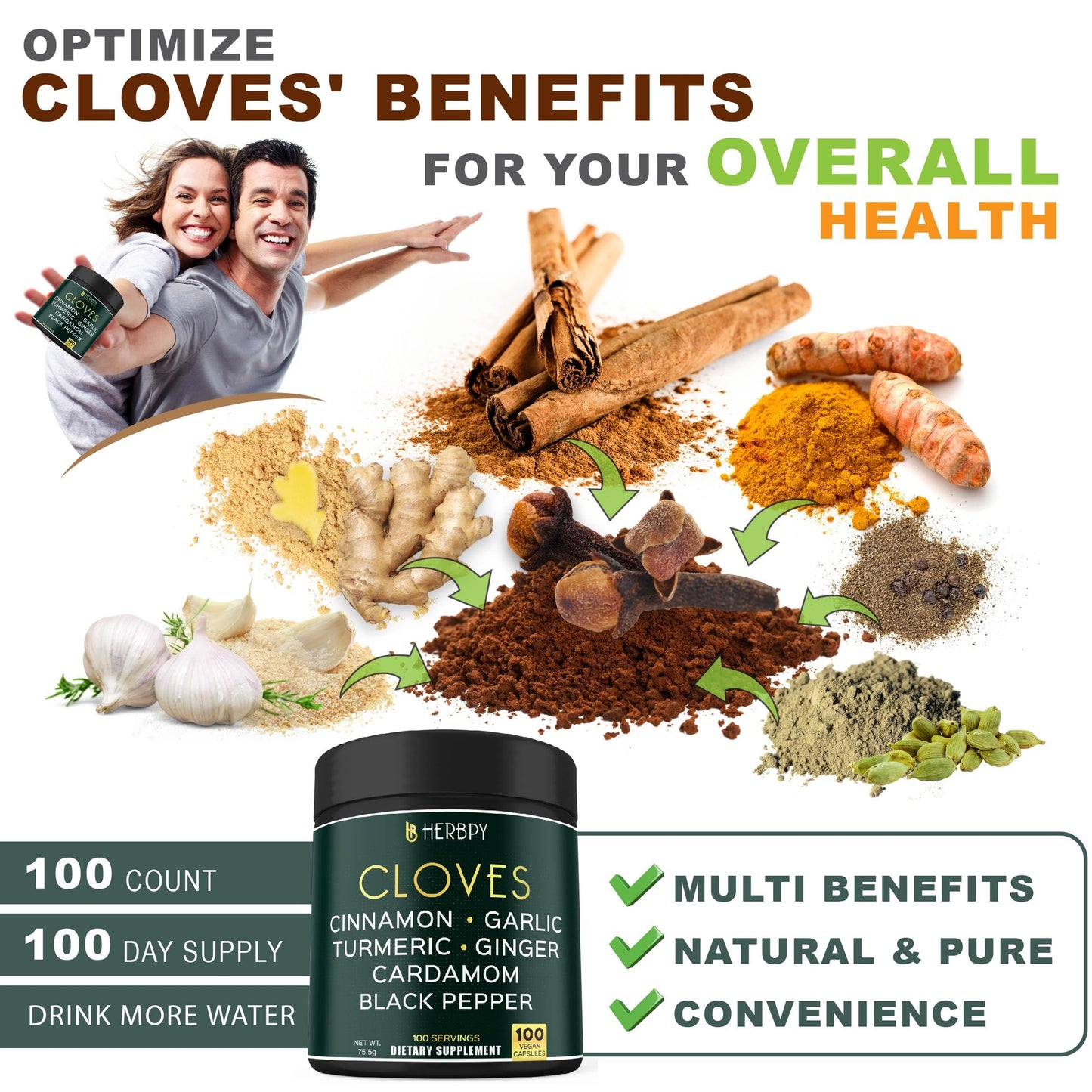 Herbpy 7in1 Clove Supplement Rich in Vitamins & Minerals Supports Digestion, Immune & Heart Health with Cinnamon, Turmeric, Ginger, Cardamom, Garlic & Black Pepper - 100 Vegan Capsules HerbpyBuy Supplements Australia