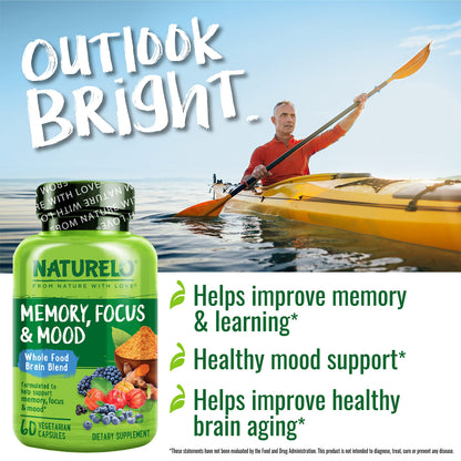 NATURELO Whole Food Brain Supplement - Brain Health Supplements for Memory & Focus Support - Enhance Brain Health Blend Supplement for Adults