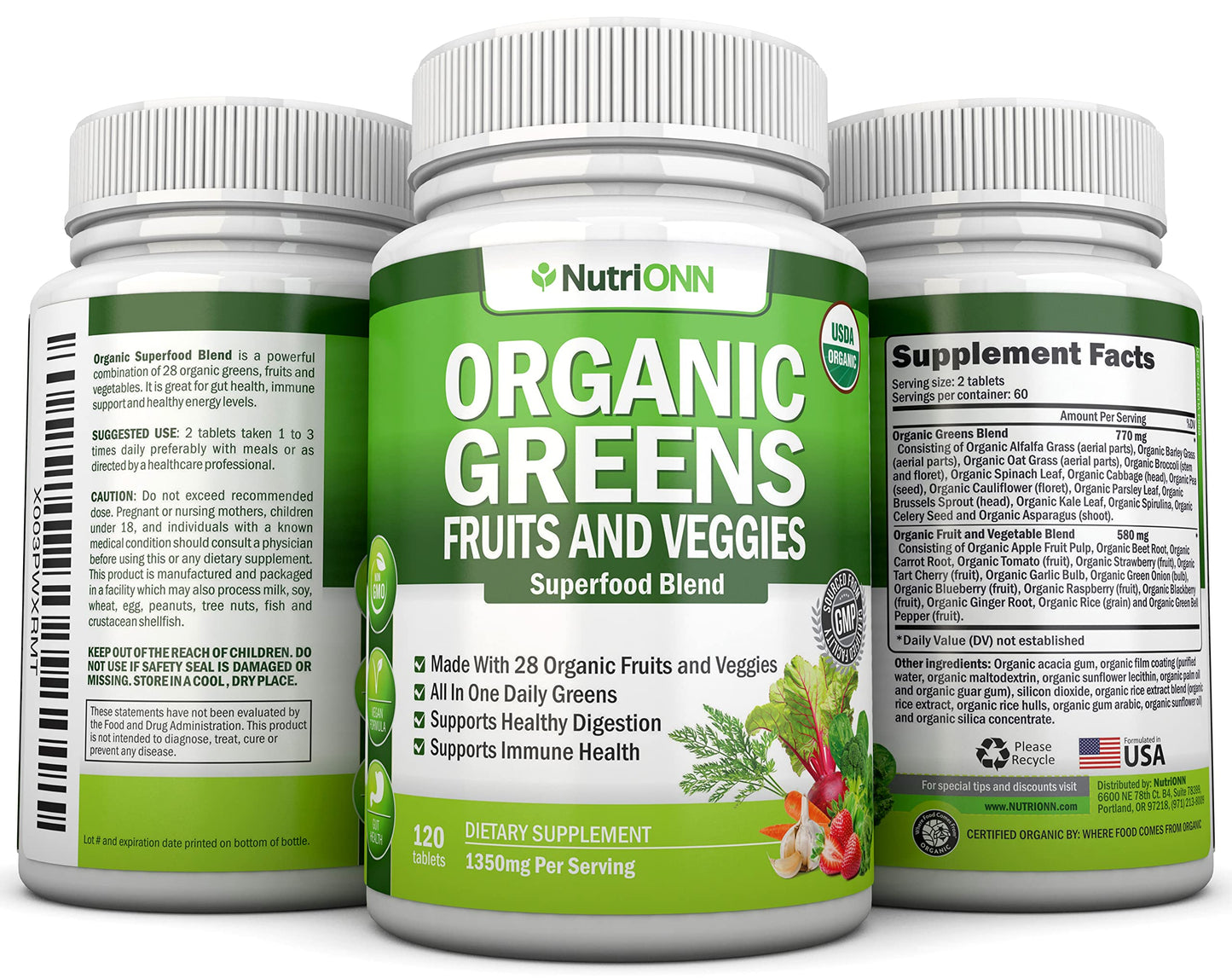 Organic Super Greens Capsules - Fruit And Vegetable Supplements - 120 Count - 28 USDA Organic & Vegan Premium Ingredients - Superfood Blend For Immune Health, Digestion & Energy - Whole Food Vitamins NutriONNBuy Supplements Australia