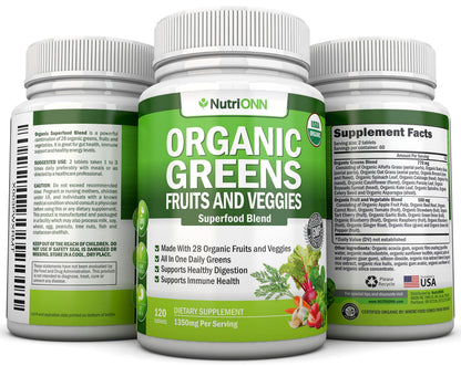 Organic Super Greens Capsules - Fruit And Vegetable Supplements - 120 Count - 28 USDA Organic & Vegan Premium Ingredients - Superfood Blend For Immune Health, Digestion & Energy - Whole Food Vitamins NutriONNBuy Supplements Australia