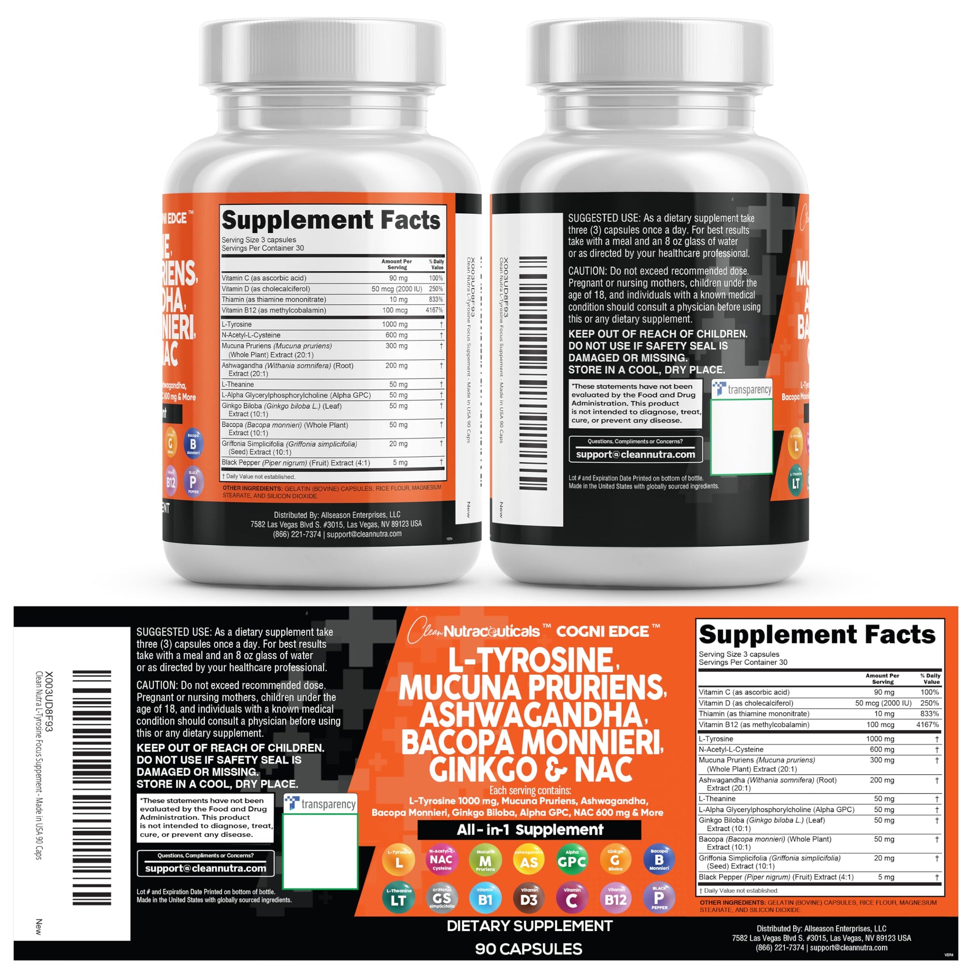 Clean Nutraceuticals L Tyrosine Mucuna Pruriens Bacopa Monnieri Ashwagandha Focus Supplement w/N-Acetyl Cysteine NAC 5-HTP Ginkgo Biloba Alpha GPC Vitamin C D B1 B12 Clean NutraceuticalsBuy Supplements Australia