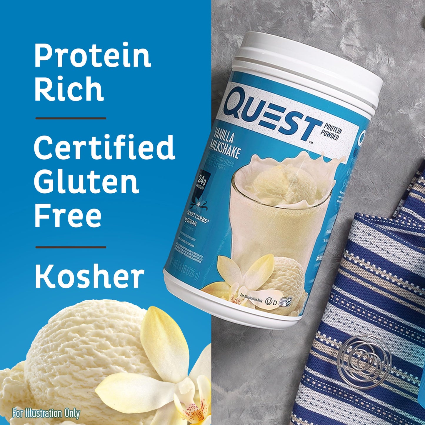 Quest Nutrition Vanilla Milkshake Protein Powder, 24g of Protein, 1g of Sugar, Low Carb, Gluten Free, 1.6 Pound, 23 Servings