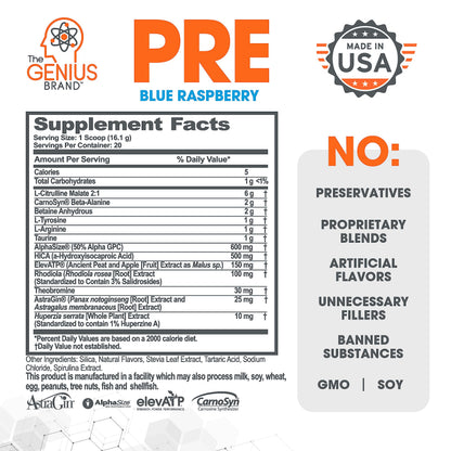 Genius Pre Workout Powder, Blue Raspberry - All-Natural Nootropic Pre-workout & Caffeine The Genius BrandBuy Supplements Australia