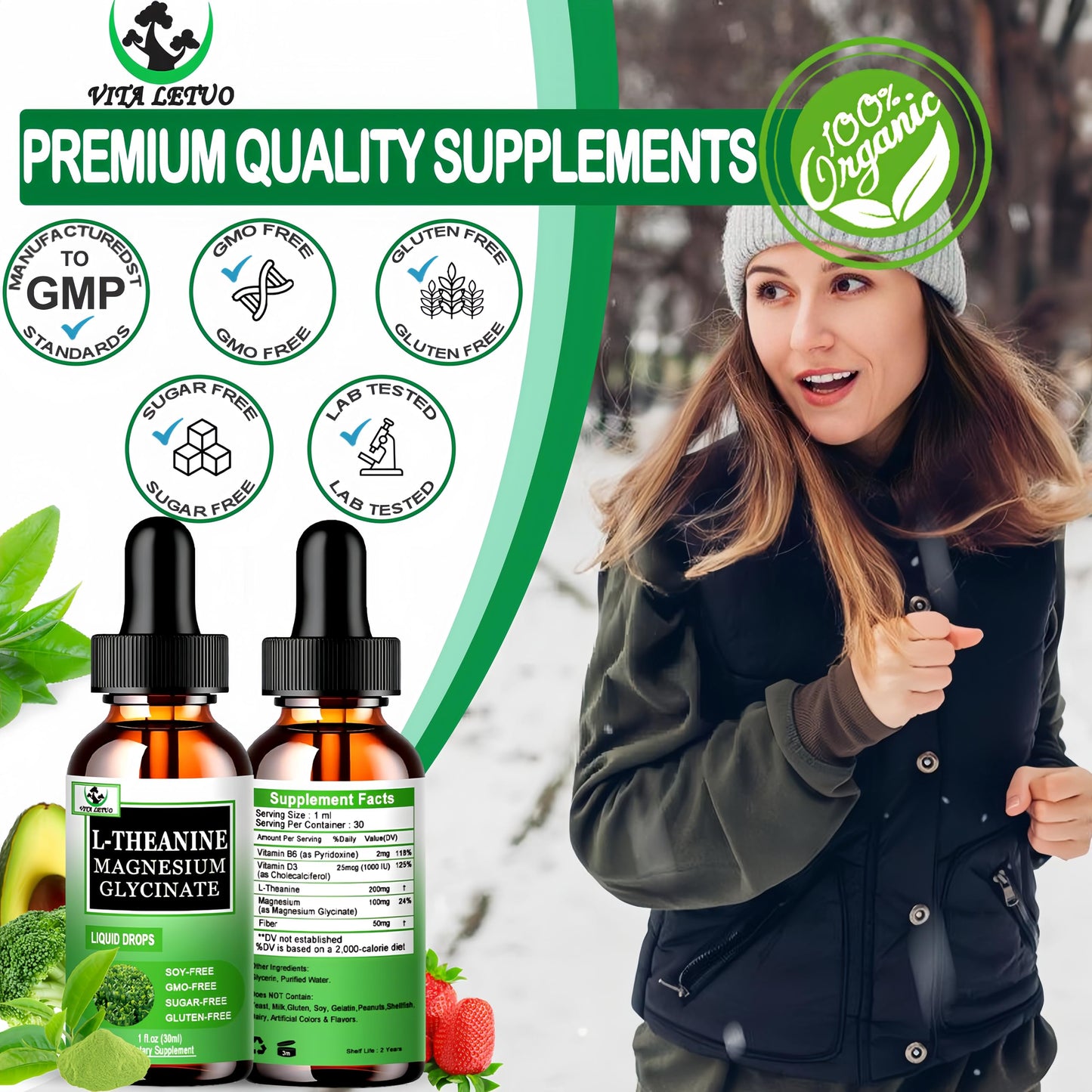 L Theanine Drops, Liquid L-Theanine Supplement 200mg w/Magnesium Glycinate,Vitamins,Fiber for Relaxation,Sleep,Digestion, Calm,High Absorption Mood Support for Adults & Kids,Plant Based,Non-GMO Vita letuoBuy Supplements Australia