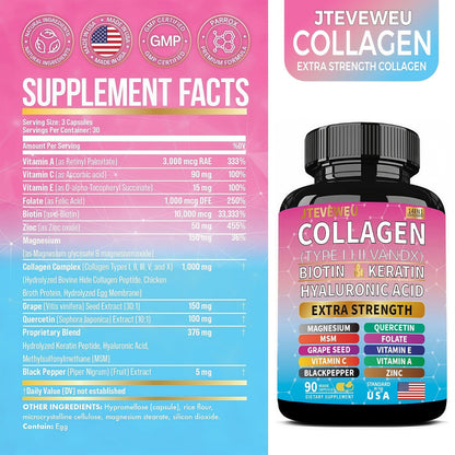JTEVEweu Collagen Supplement - Type I, II, III, V and X - with Biotin, Keratin, Hyaluronic Acid & 13+ Extra Strength Ingredients - （90 Capsules） JTEVEweuBuy Supplements Australia