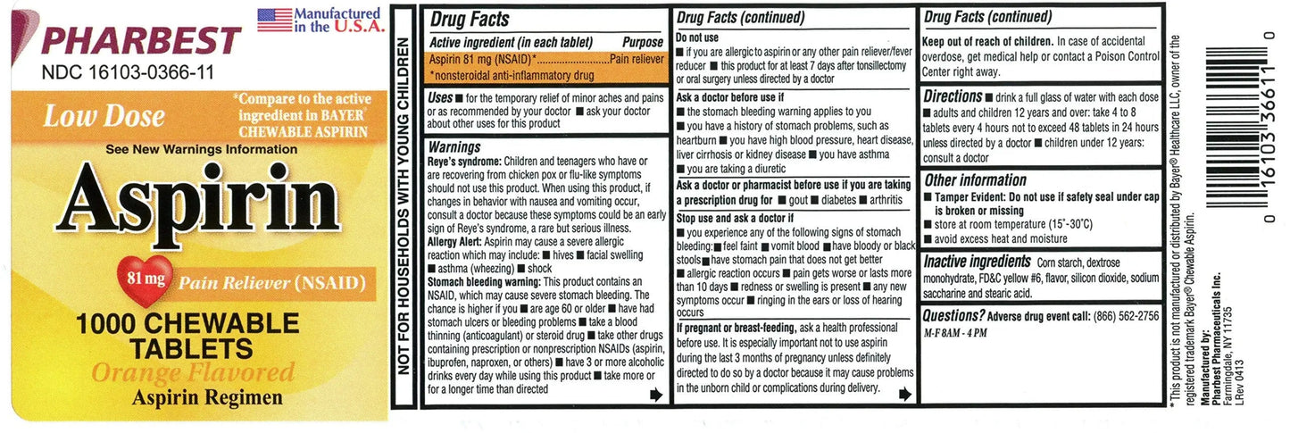 Pharbest Aspirin 81mg Chewable Orange Tablets 1000 Count Per Bottle PHARBESTBuy Supplements Australia