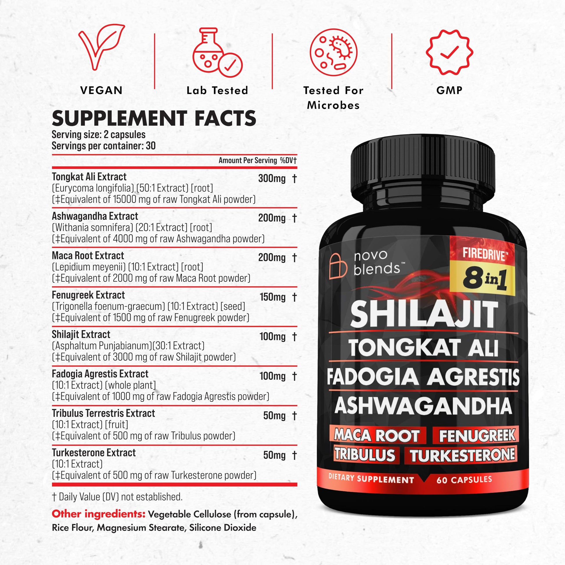 Shilajit 3000mg Tongkat Ali 15,000mg Fadogia Agrestis 1000mg Maca Root 2000mg Ashwagandha 4000mg Fenugreek 1500mg Tribulus Terrestris 500mg Turkesterone 500mg, 8-in-1 Supplement Blend for Men Novo BlendsBuy Supplements Australia
