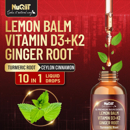 NUQIIT 10in1 Lemon Balm Tincture Blend Includes Vitamin D3, Vitamin K2, Lemon Balm, Ginger, Turmeric, Ceylon Cinnamon and More - 1 FL Oz - 60 Day Supply NUQIITBuy Supplements Australia