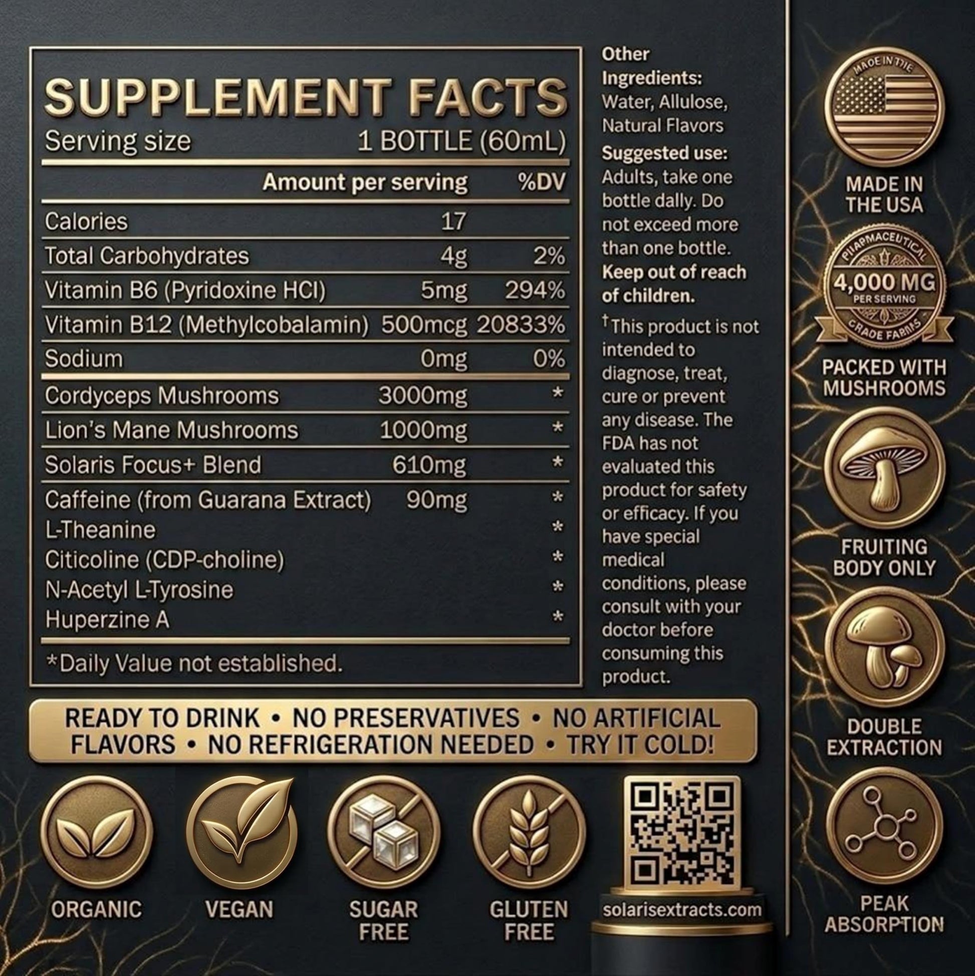 Solaris Mushroom Productivity Wellness Shots | Focus, Circulation, Memory | 4000mg of Cordyceps & Lion's Mane | Citicoline, L-Theanine, Vitamin B6/B12 | Coffee Alternative (6-Pack) Solaris ExtractsBuy Supplements Australia