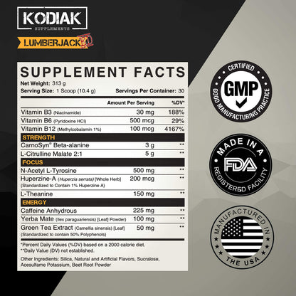 Kodiak Supplements LUMBERJACKED Pre-Workout Supplement with CarnoSyn 30 Servings Kodiak SupplementsBuy Supplements Australia