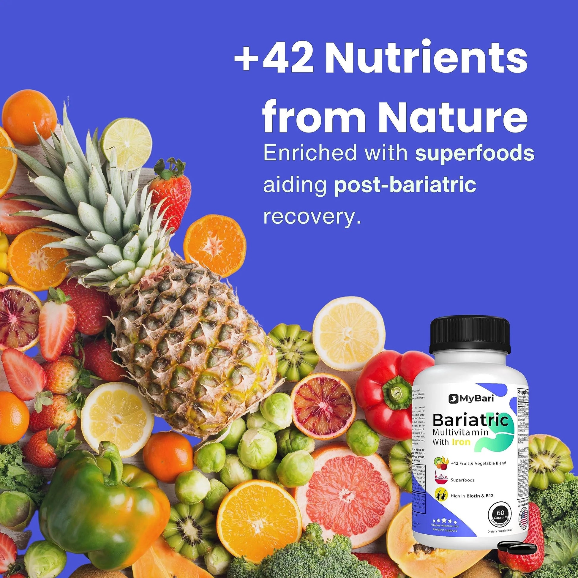 MyBari All-in-One Bariatric Multivitamin with Iron - Made in USA - for Men & Women - Supports Gastric Sleeve & Bypass with 42+ Fruit & Veggie Blend - 60 Liquid Capsules MyBariBuy Supplements Australia