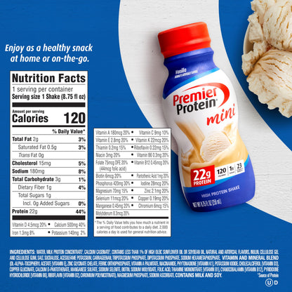Premier Protein Shake MINIs, Vanilla, 22g Protein, 120 Calories, 1g Sugar, 8.75fl oz Premier ProteinBuy Supplements Australia