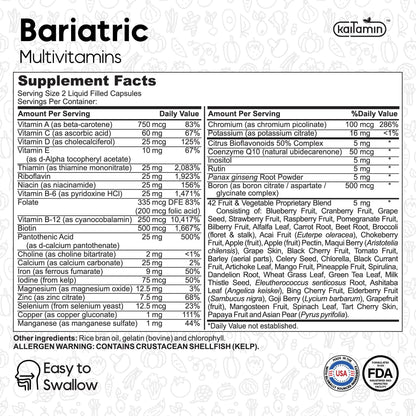 Bariatric Multivitamin with Iron - Easy-to-Swallow Capsule for Post Bariatric Surgery - Post Sleeve and Post Bypass KaitaminBuy Supplements Australia