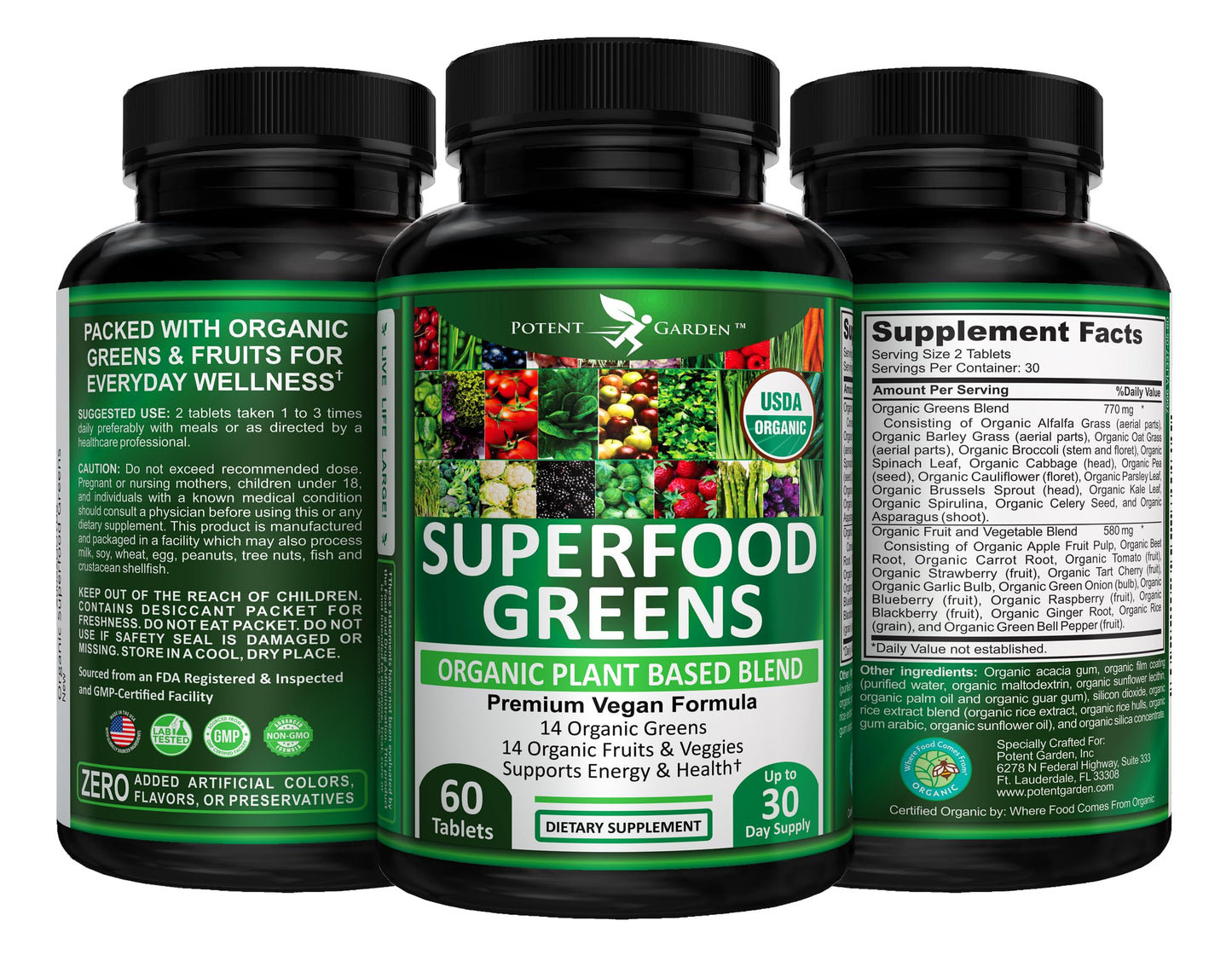 Potent Garden Organic Superfood Greens, Fruit and Veggies Supplement Rich in Vitamins & Antioxidants with Alfalfa, Beet Root & Tart Cherry to Boost Energy, Immunity & Gut Health, Greens Tablets 60 Ct Potent GardenBuy Supplements Australia