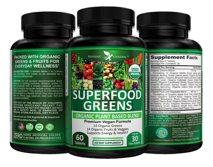 Potent Garden Organic Superfood Greens, Fruit and Veggies Supplement Rich in Vitamins & Antioxidants with Alfalfa, Beet Root & Tart Cherry to Boost Energy, Immunity & Gut Health, Greens Tablets 60 Ct Potent GardenBuy Supplements Australia