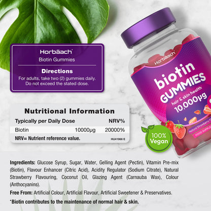Biotin Gummies 10,000mcg | 90 Vegan Vitamins | Natural Strawberry Flavour HorbäachBuy Supplements Australia