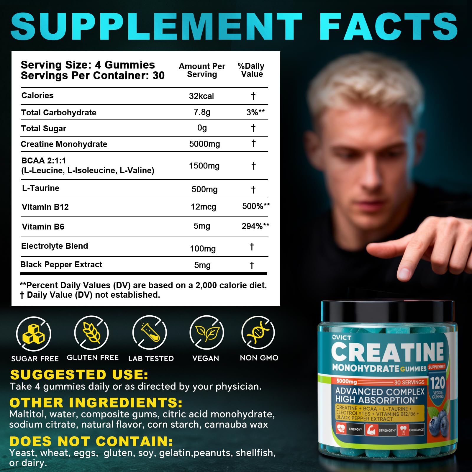 99.99% Creatine Monohydrate Gummies for Men Women 5g, 7-in-1 Pre-Workout Complex with BCAA, Taurine, B12/6 & Electrolytes, 6X Boost Energy, Muscle Strength & Recovery - Maple Wellness Supplements