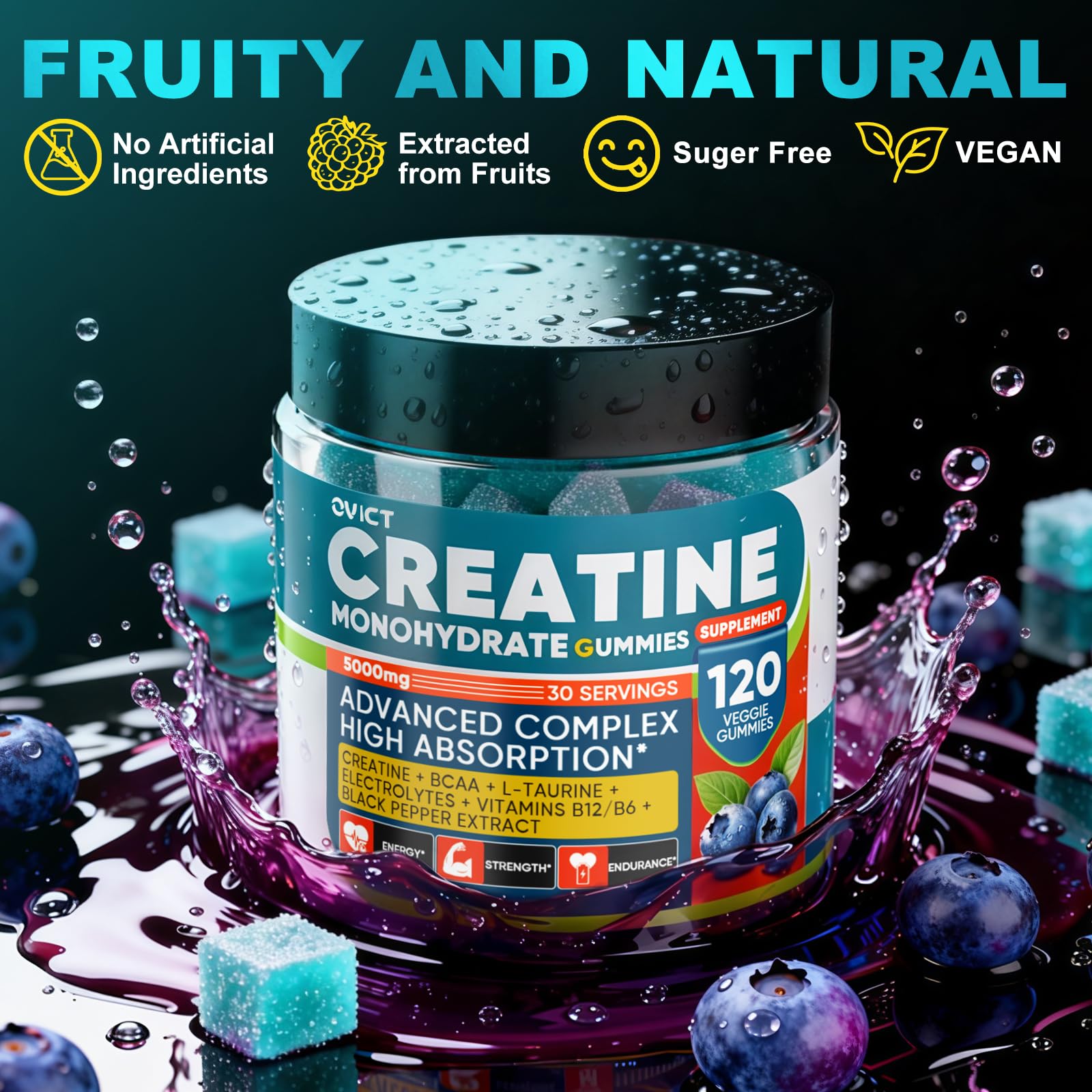 99.99% Creatine Monohydrate Gummies for Men Women 5g, 7-in-1 Pre-Workout Complex with BCAA, Taurine, B12/6 & Electrolytes, 6X Boost Energy, Muscle Strength & Recovery - Maple Wellness Supplements