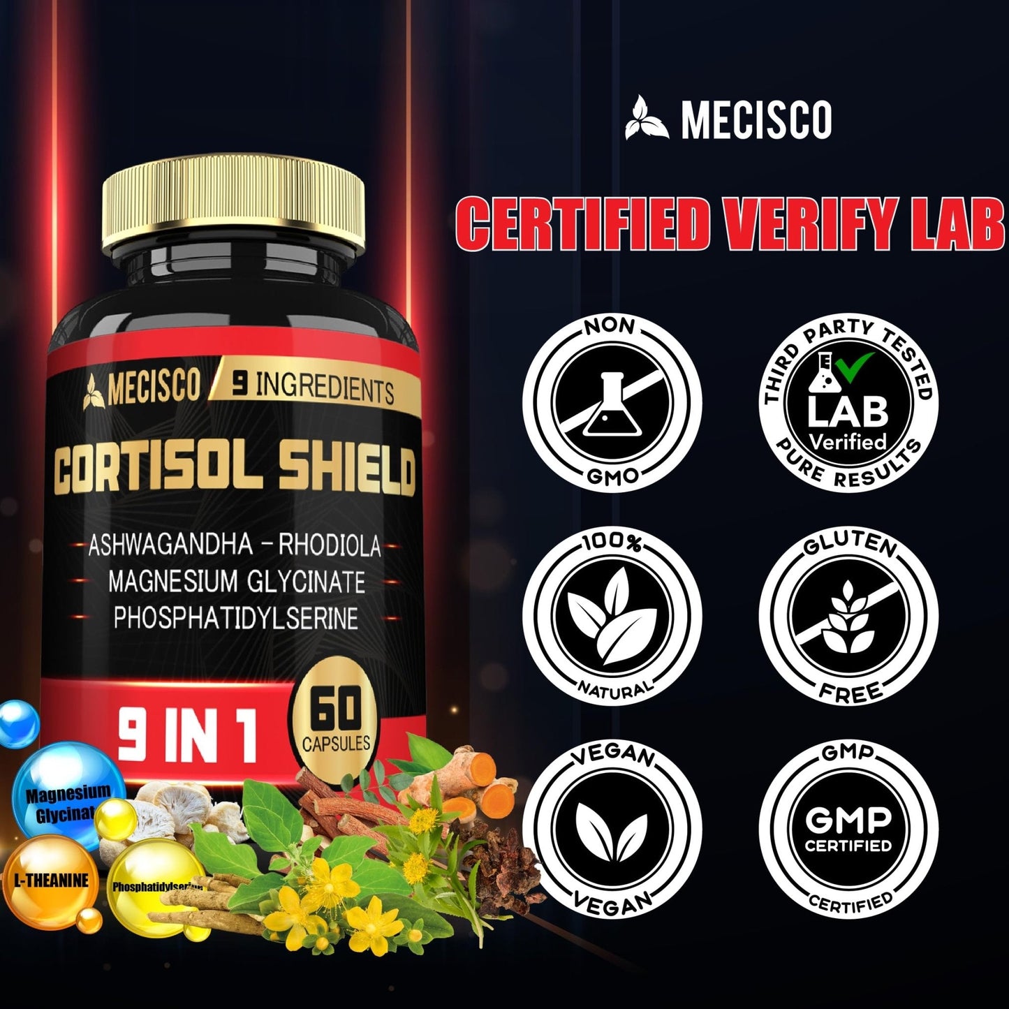 9in1 Cortisol Shield - Ashwagandha & Magnesium Glycinate, Rhodiola, Phosphatidylserine, L-Theanine, Licorice Root, St. John's Wort, Lions Mane - Mind & Mood, Restful Night Support - 60 Capsules - Maple Wellness Supplements