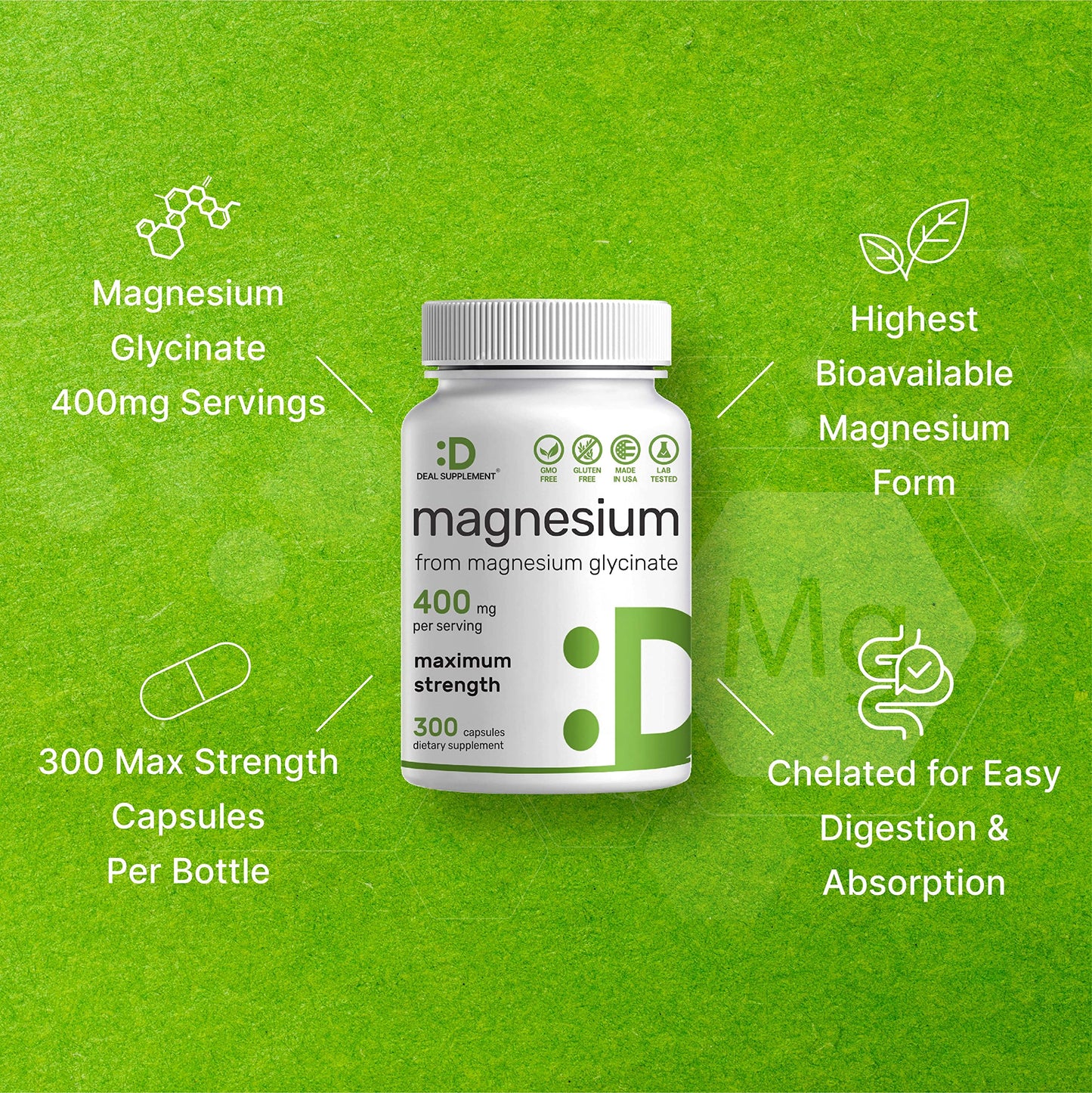 Magnesium Glycinate 400mg, 300 Capsules | 100% Chelated for Easy Absorption | Essential Mineral Supplement for Muscle, Sleep, & Heart Health*