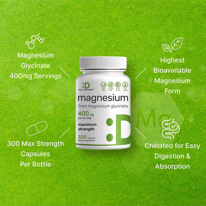 Magnesium Glycinate 400mg, 300 Capsules | 100% Chelated for Easy Absorption | Essential Mineral Supplement for Muscle, Sleep, & Heart Health*